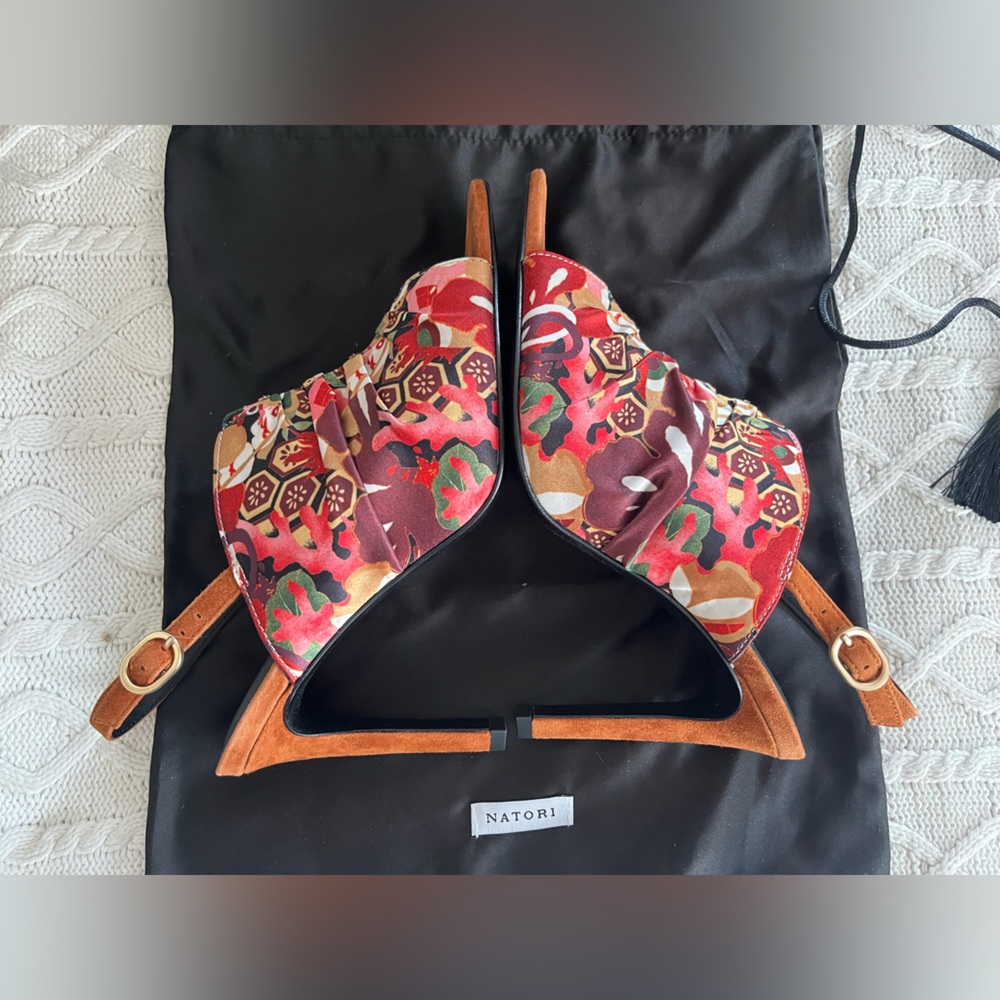 New! Natori Vibrant Patterned Slingback Satin & Leather Heels Various Sizes - Picture 9 of 13